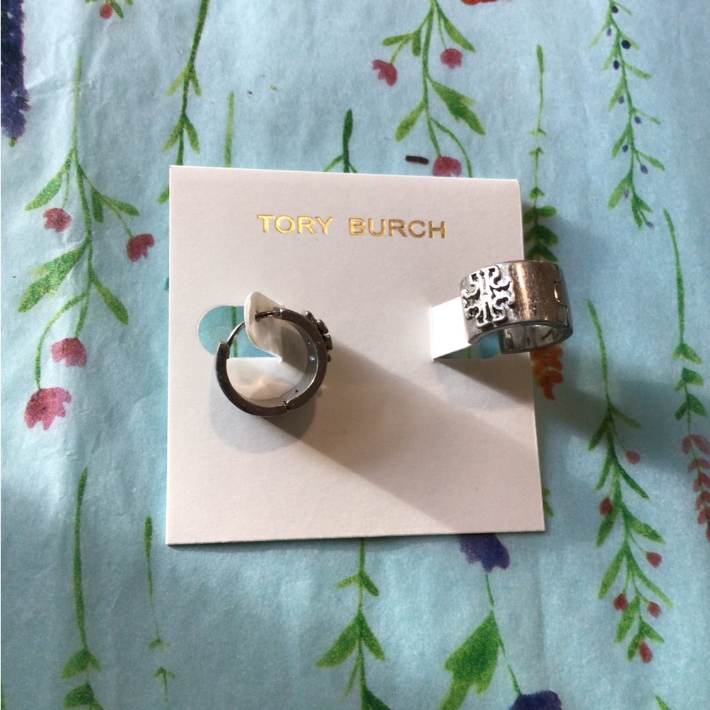 Tory Burch Wide Huggie Hoop Earrings Brushed Silver Logo Engraved Modern Vintage